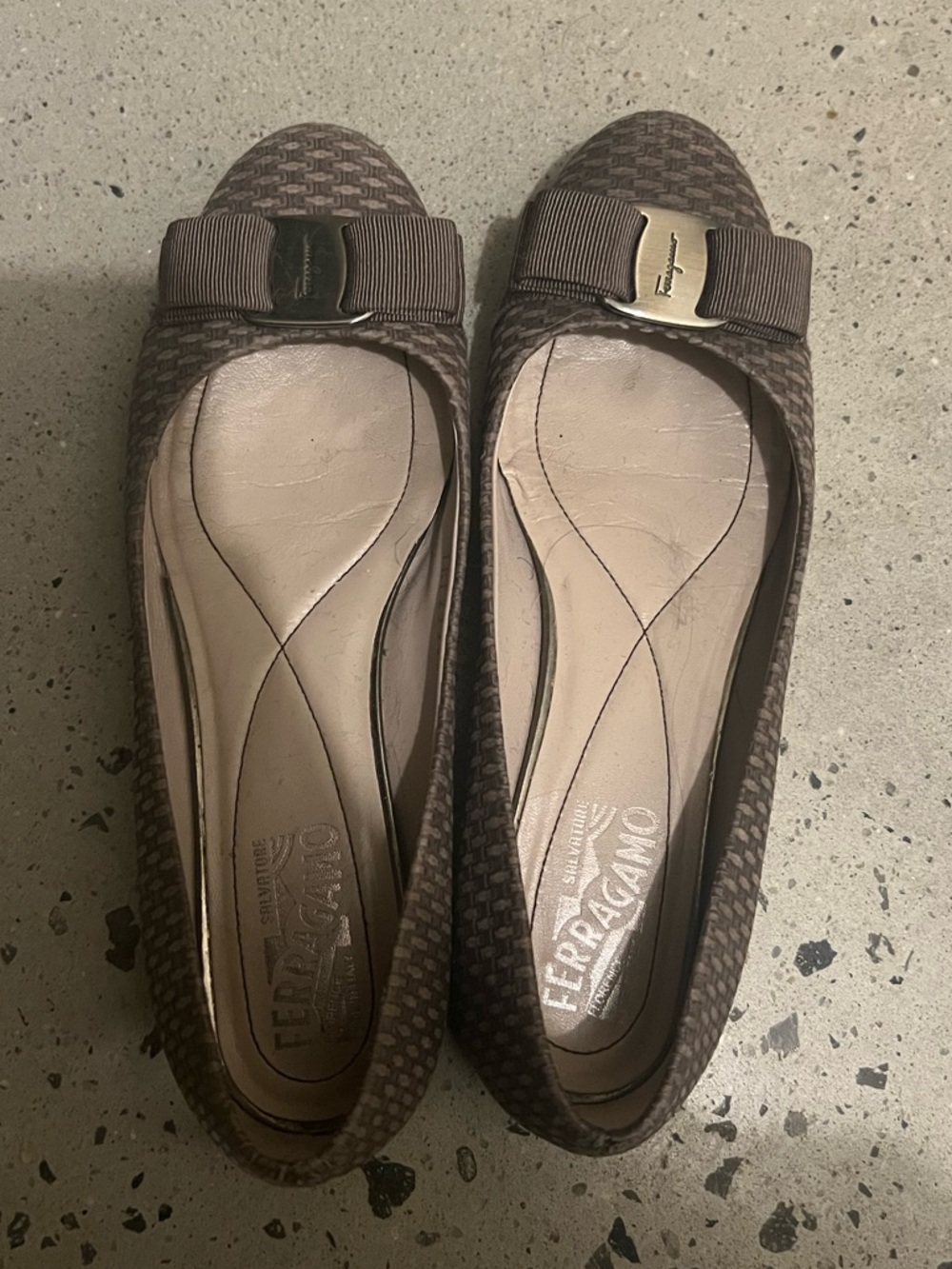 Salvatore Ferragamo Taupe Woven Flats